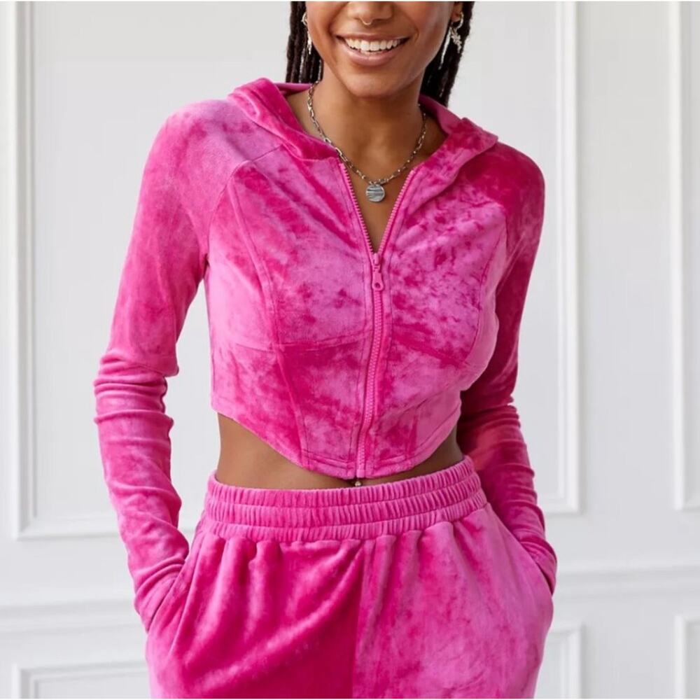 Out From Under Urban Outfitters Magenta Velour Corset Zip Up Hoodie TOP | S